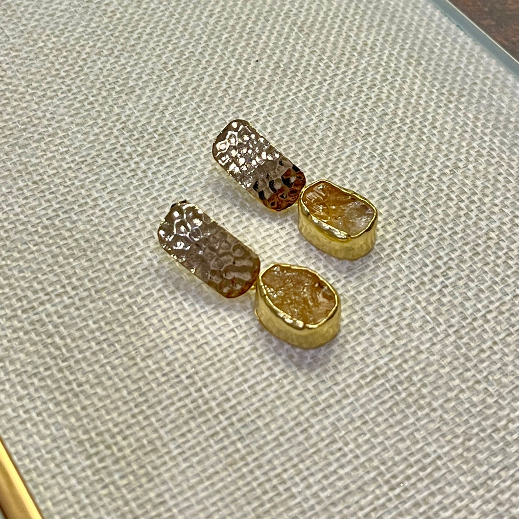 Citrine Hammered Stud Drop Earrings