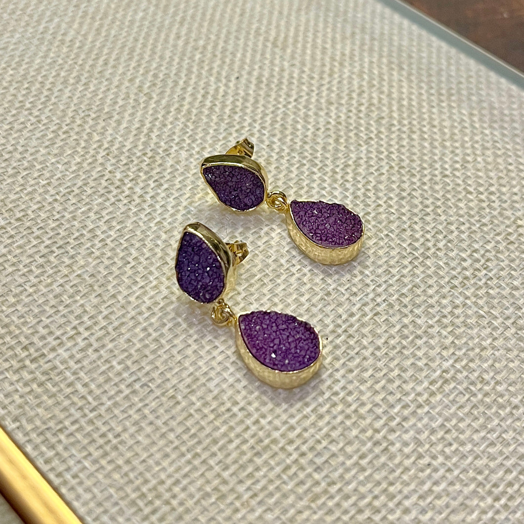 Purple Druzy Statement Drop Earrings