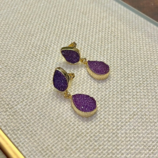 Purple Druzy Statement Drop Earrings