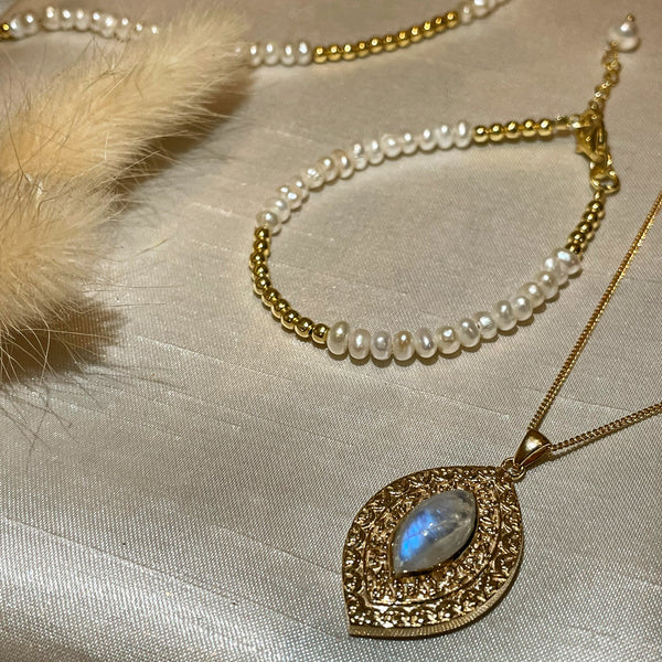 Rainbow Moonstone Marquise Coin Necklace